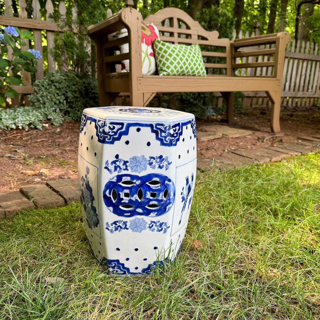 Vintage Blue and White Chinoiserie Garden Stool Blue and White Garden ...