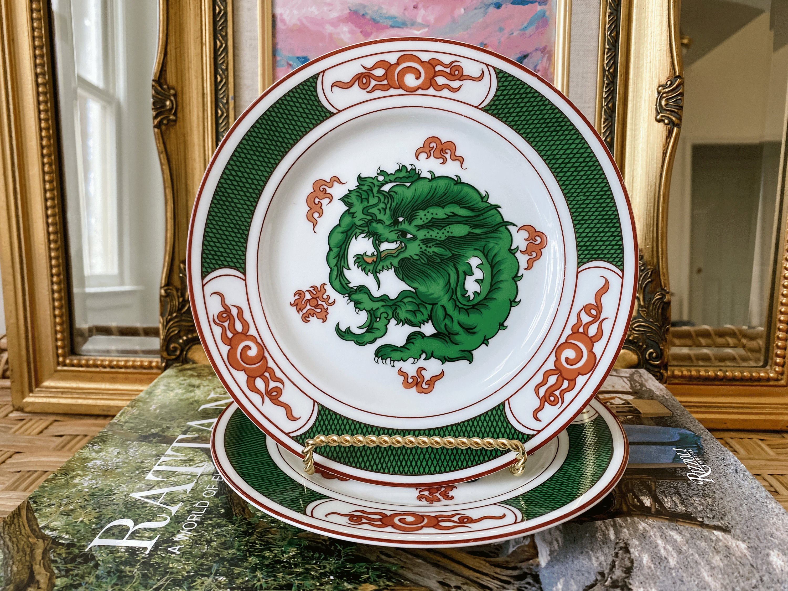 Pair of Vintage Fitz and Floyd Dragon Crest Green Salad Plates