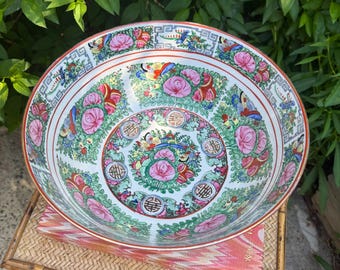 Vintage Large 12" Rose Canton Punch Bowl | Chinoiserie Chic