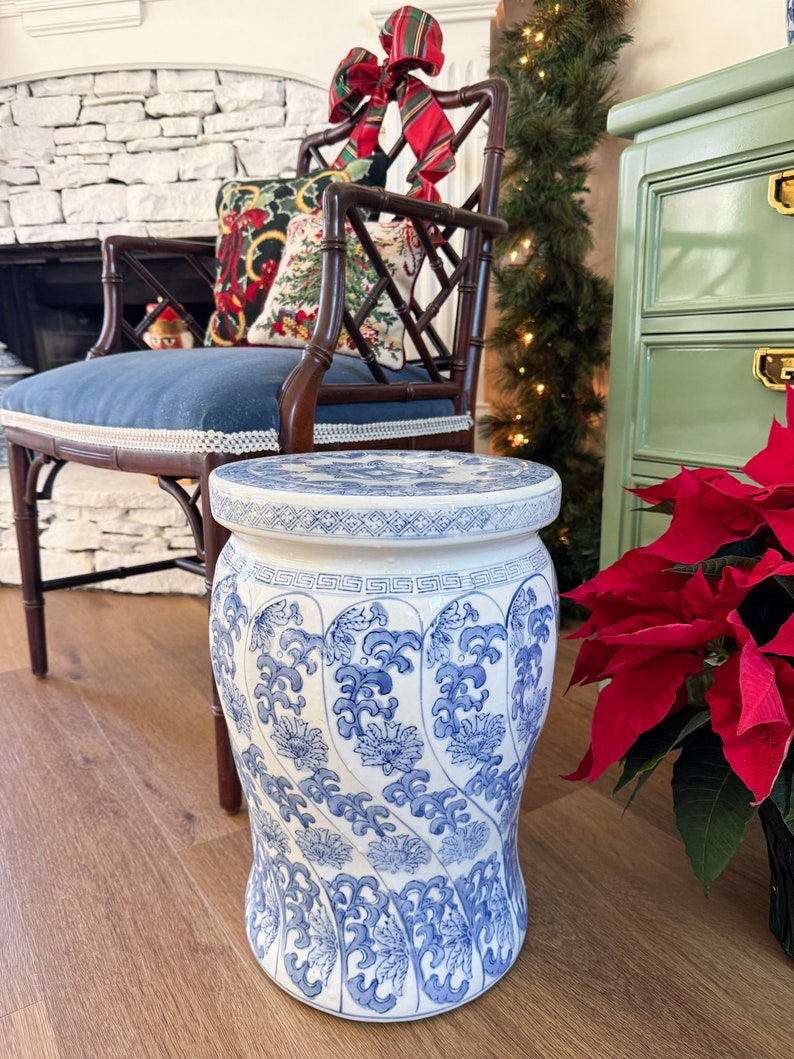 Vintage Blue and White Garden Stool or Plant Stand Blue and White ...