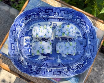 Set of Four Vintage Blue Hydrangea Napkin Ring Holders | Summer Entertaining | Hostess Gift