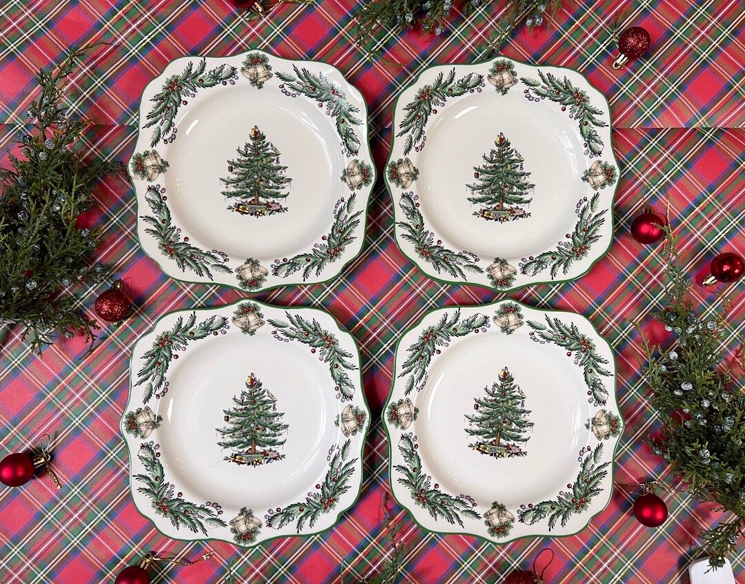Set of 4 Spode Christmas Tree Garland Square Salad Plates Spode