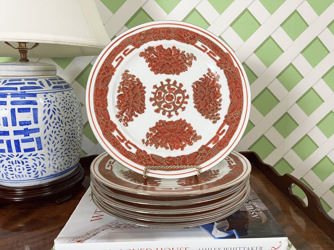 Red, White and Gold Chinoiserie Plates Made in Hong Kong Chinoiserie