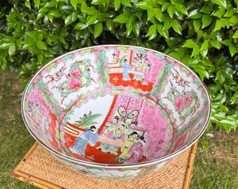 Vintage XL Rose Medallion Punch Bowl | Chinoiserie Chic