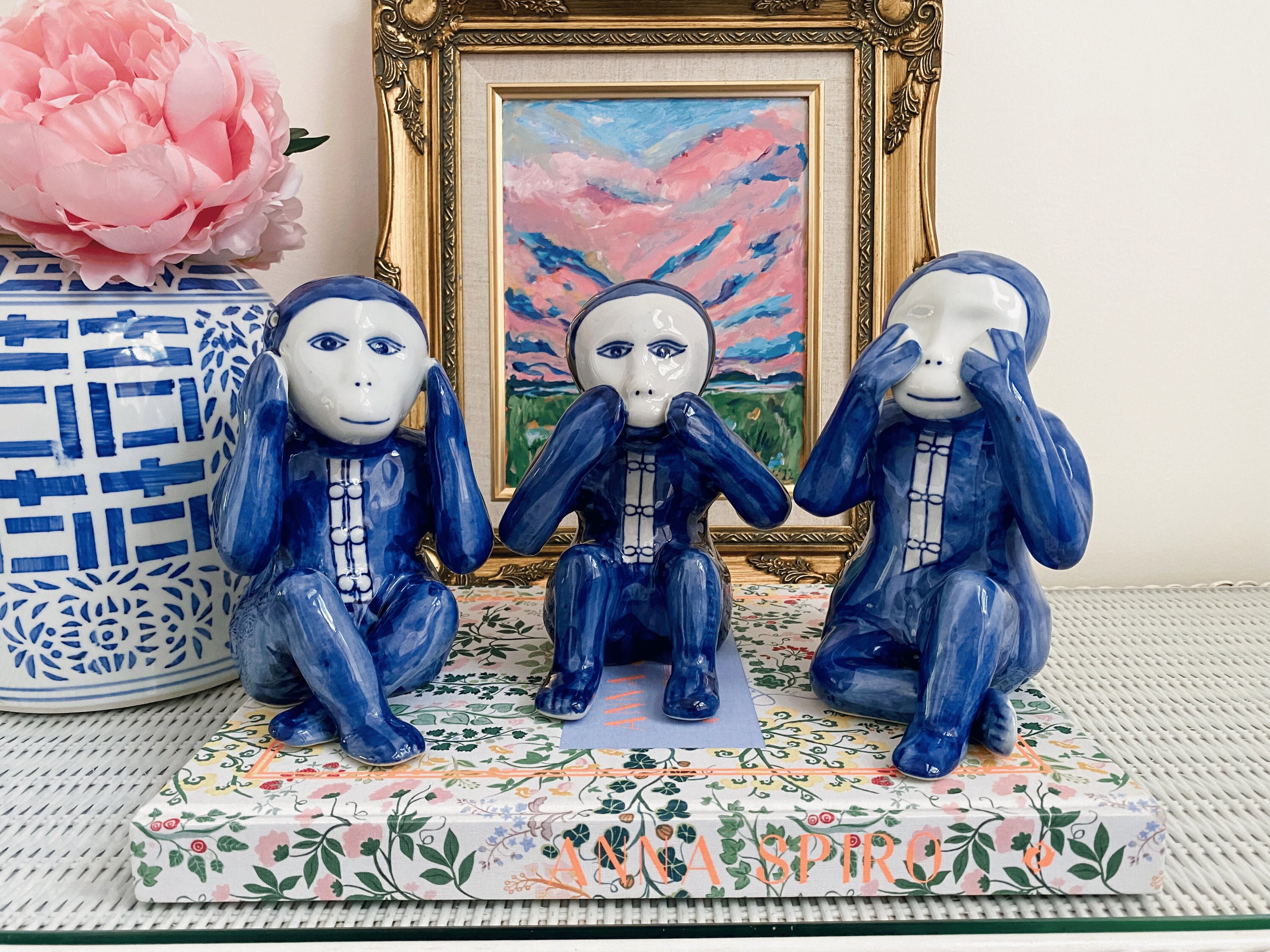 Blue & White Three Wise Monkeys Set | See No Evil, Hear No Evil