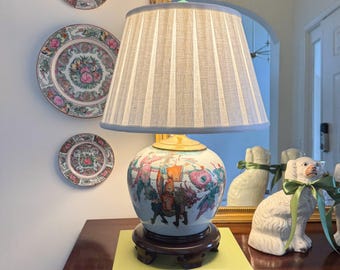 Antique Chinoiserie Ginger Jar Lamp | Children Playing Scene, Wooden Base Table Lamp