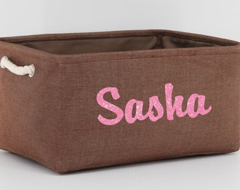 Personalized Storage Basket With Name Or Other Word Linen Basket For Storage Rope Handles Six Basket Color Choices Storage Bin