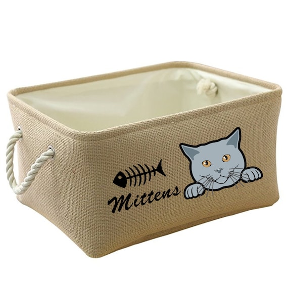 Personalized Cat Storage Basket Pet Storage Cat Breed Toy Bin Linen Basket for Cat Toys Rope Handles Cat Toy Basket With Cat Breed Image Etsy