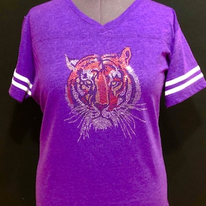 Tiger Rhinestone Shirt Tiger Ladies Football Shirt Ladies Tigers Bling Shirt Short Sleeve Sparkling Shirt Purple Shirt Orange Shirt