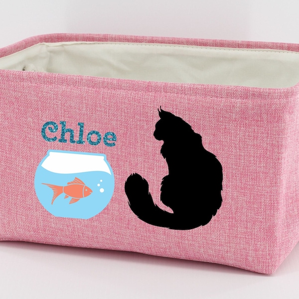 Personalized Cat Storage Basket Pet Storage Cat Toy Bin Linen Basket For Cat Toys Rope Handles Cat Fishbowl Choice of Six Basket Colors