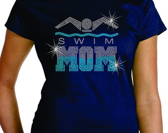 Rhinestone Tee Swim Mom Premium LAT Sportswear Ringspun Cotton Short Sleeve Swim Mom Bling Shirt