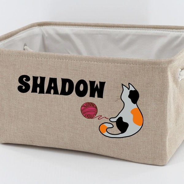 Personalized Cat Storage Basket Pet Storage Cat Toy Bin Linen Basket For Cat Toys Rope Handles Lined Six Basket Color Choices