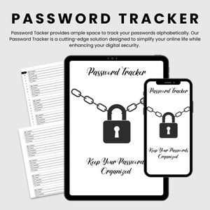 Wachtwoordtracker | Digitale tracker | Afdrukbare tracker | Logboek | Organizer | Lijst | Alfabetische volgorde: