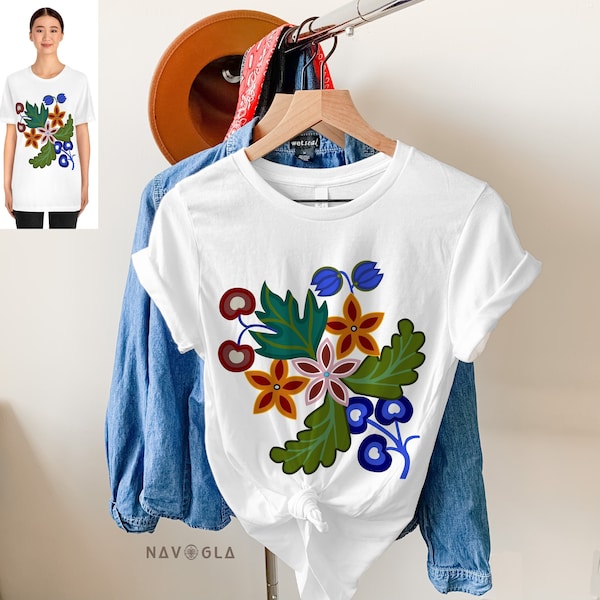 Native American Style Floral T-Shirt, Native American inspired- Inspired 1800s Ojibwe Bandolier Bags by Unisex Jersey Short Sleeve Tee