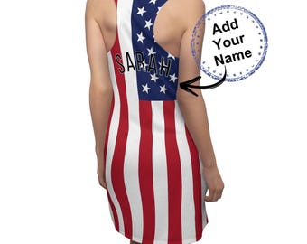 American Flag Tank Dress, Personalized USA Summer Dress, Custom Name Patriotic Clothing for Women