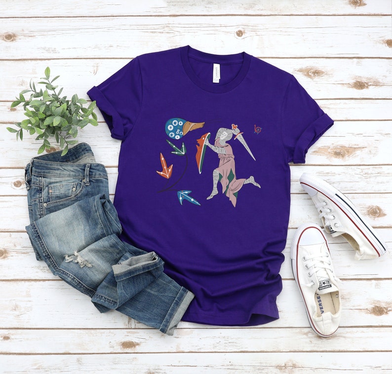 Medieval Knight vs Snail T-Shirt Gothic Marginalia Art Shirt Funny Manuscript Tee Team Purple