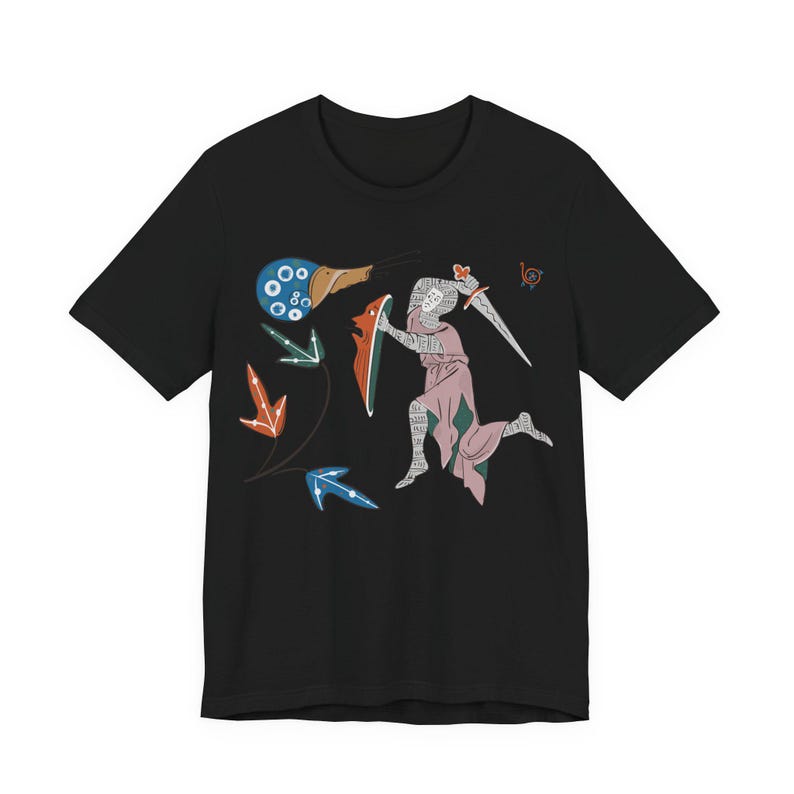 Medieval Knight vs Snail T-Shirt Gothic Marginalia Art Shirt Funny Manuscript Tee Black