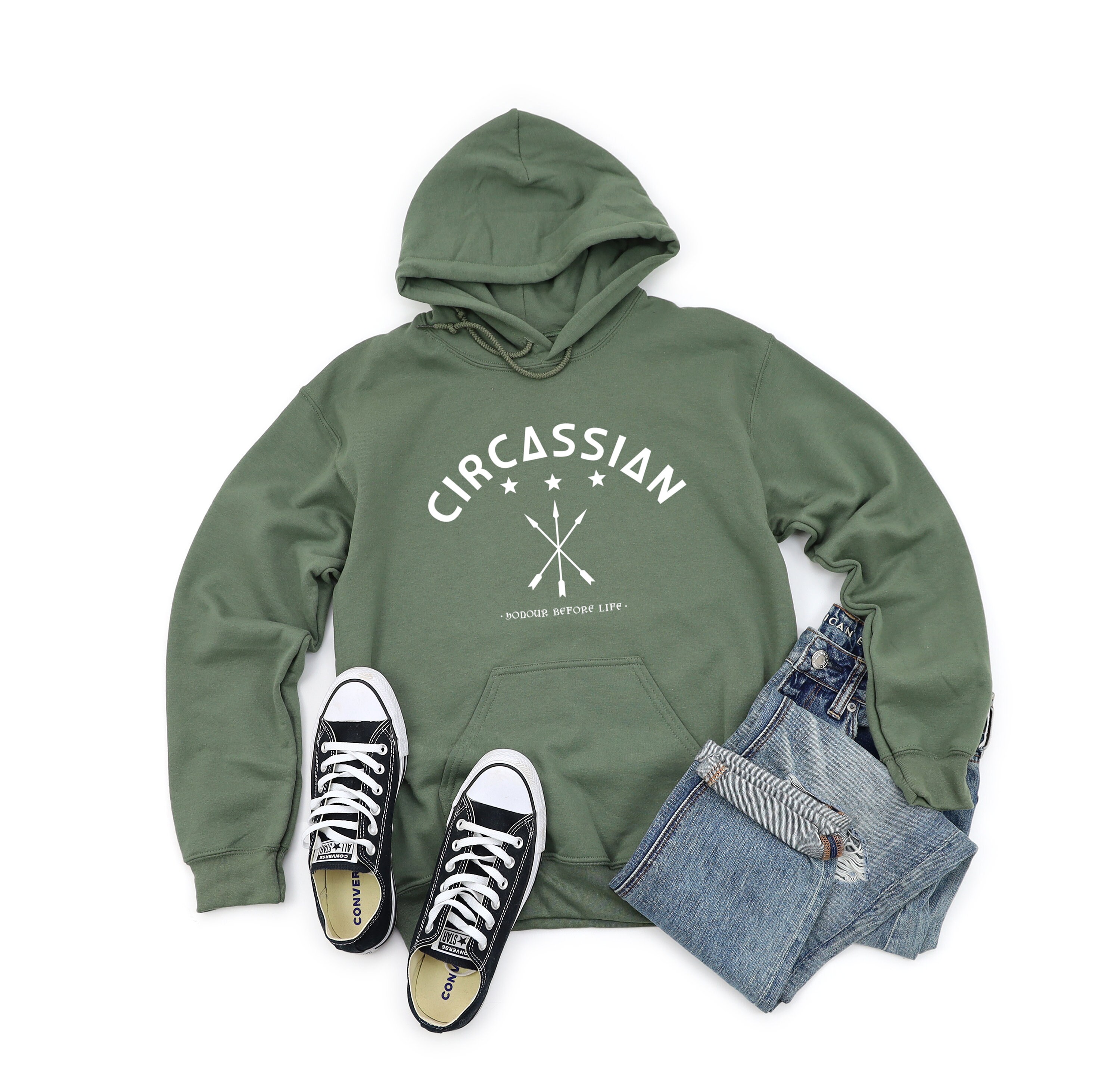 Sweat à Capuche Drapeau Circassien Adyghe - Motif Trois Flèches Et Douze étoiles - 241 G - Coupe Classique - Pour événements Culturels - 9