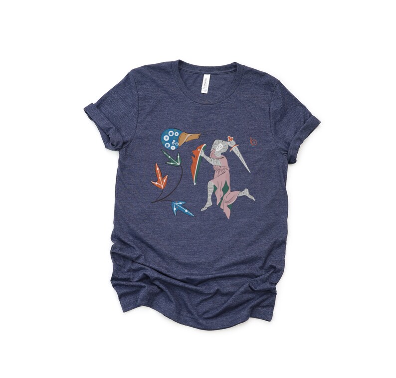 Medieval Knight vs Snail T-Shirt Gothic Marginalia Art Shirt Funny Manuscript Tee Heather Navy