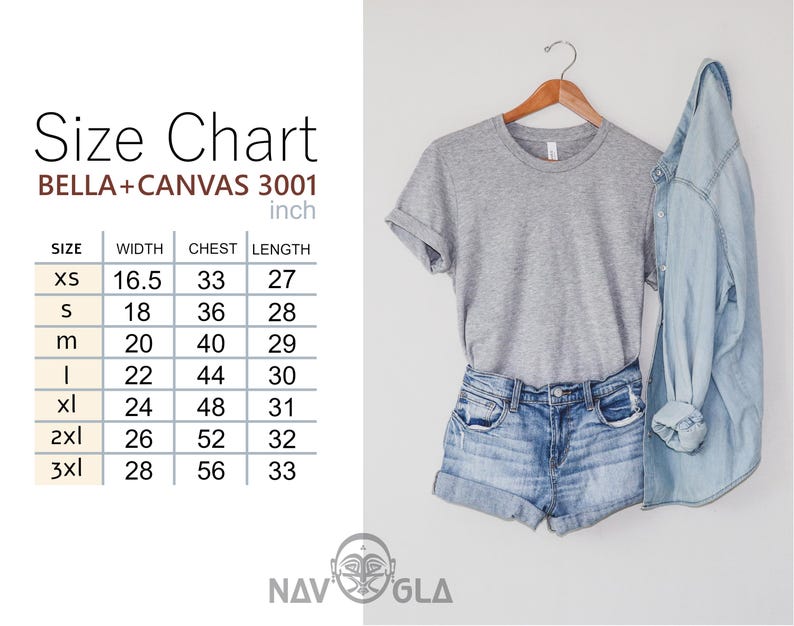 May include: A grey Bella+Canvas 3001 t-shirt, denim shorts, and a light blue denim shirt hanging on a wooden hanger. A size chart is displayed on the left, with measurements in inches for various sizes.