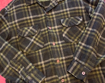 Pendleton 100% lã xadrez verde dos anos 1960 com botões