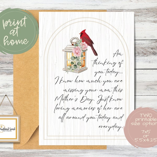 Printable Mother's Day Sympathy Card with Cardinal for Friend Who Has Lost Mom | Thinking of You on Mothers Day | Year of Firsts