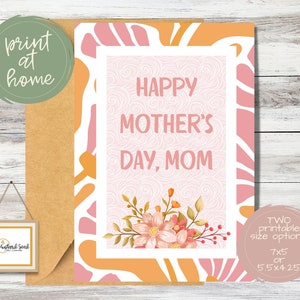 Cartão de Dia das Mães para impressão com fundo floral botânico rosa e laranja | Cartão simples de dia das mães, feliz dia das mães, mãe