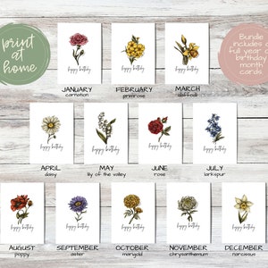 Pacote de cartões de aniversário de flores do mês de nascimento IMPRIMÍVEL para todo o ano de aniversários | Cartões de flores de nascimento para impressão | Arquivos PDF | Download instantâneo