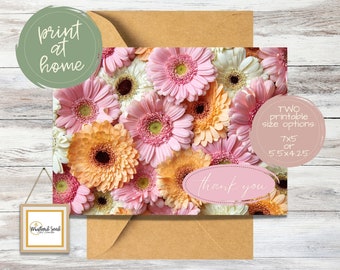 Carte de remerciement imprimable Gerber Daisies | carte florale | Fleurs roses et orange | Carte de remerciement pour un ami | Impression à la maison