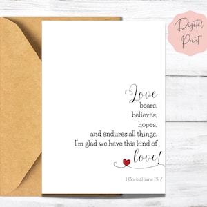 Biglietto d'amore cristiano stampabile per il marito / 1 Corinzi 13:7 Biglietto d'amore per lei / Sono felice che abbiamo questo tipo di amore / Download digitale