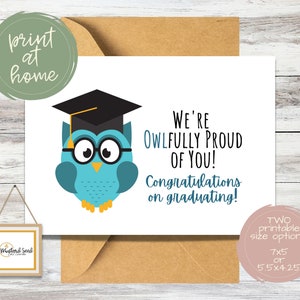 Afdrukbare uil afstudeerkaart voor kleuterschool, middelbare school of universiteit | Blauwgroen Afstudeeruil | Gefeliciteerd met het afstuderen kaart | PDF-bestanden