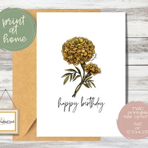 Blumen Geburtstagskarte Oktober - Ringelblume zum Ausdrucken| Marigold Geburtsmonat Blumenkarte für Sie | Sofort Download
