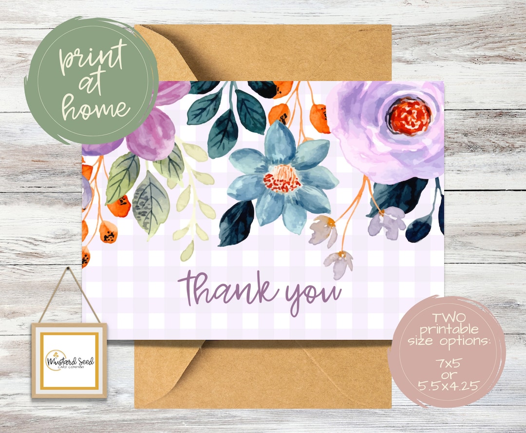 Printable Thank You Card With Spring Flowers and Plaid Background ...