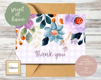 de remerciement imprimable avec fleurs printanières et fond à carreaux | de remerciements floral aquarelle | Impression à la maison