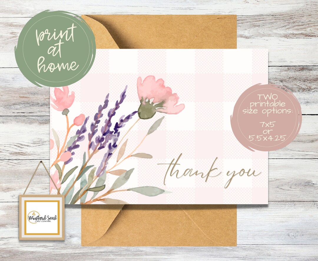 Printable Thank You Card With Pink Plaid Background | Floral Bouquet ...