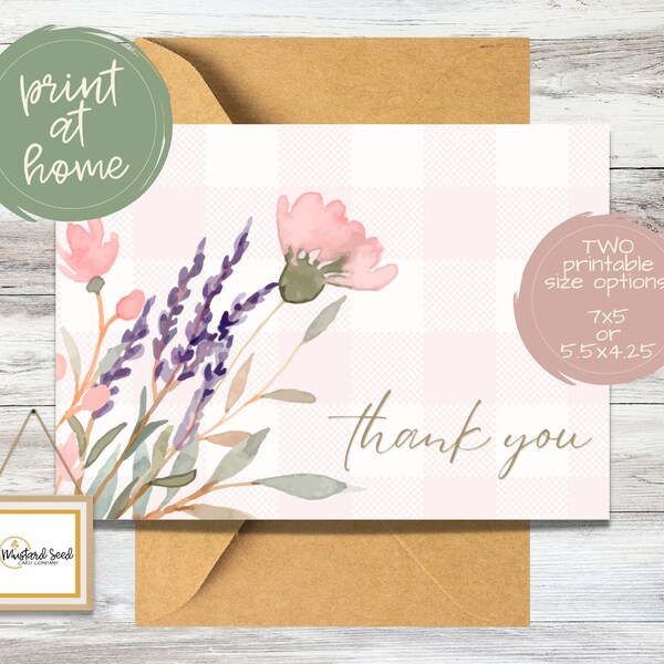 Printable Thank You Card with Pink Plaid Background | Floral Bouquet Thank You Card | Pastel Thank You Card | Print at Home | Blank Inside