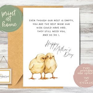 Afdrukbare Happy Mother's Day Card voor lege nestmoeder van man | Lege Nester Moederdagkaart met kuikens | Blanco binnenkant | Thuis afdrukken
