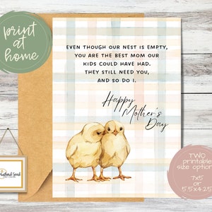 Carte de fête des mères imprimable pour maman au nid vide de son mari | Carte de fête des mères Nester vide avec poussins et fond écossais | Impression à la maison