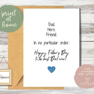 Buona festa del papà al miglior papà Biglietto stampabile / Papà Eroe Amico Biglietto per la festa del papà / Download digitale