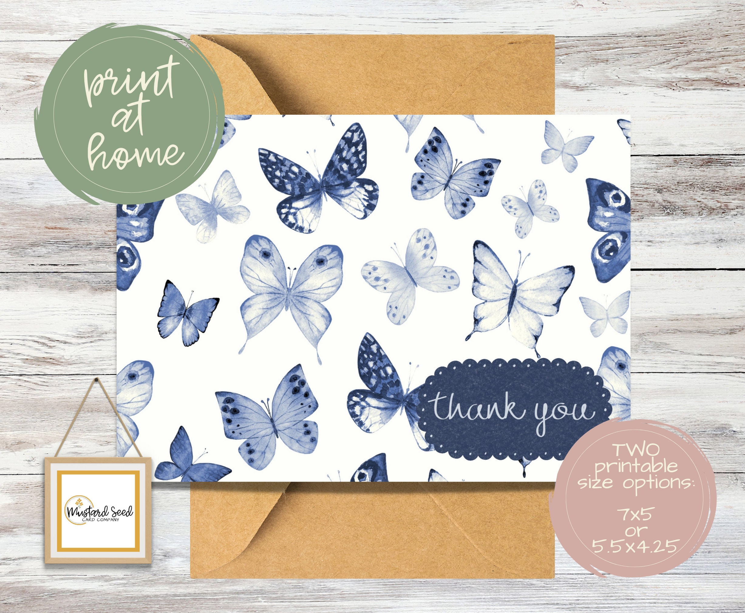 Vintage Blue Butterfly Printable Thank You Card | All Occasion Thank ...