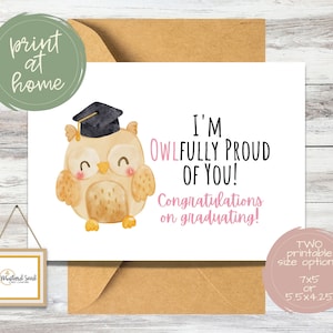 Afdrukbare afstuderen uil kaart | Afdrukbare afstudeerkaart voor middelbare school of universiteit | Gefeliciteerd met je diploma | Blanco binnenkant