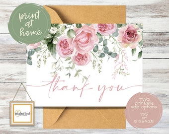 Printable Floral Thank You Card  | Pink Rose and Peonies Thank You Note | Feminine Thank You | Bridal Shower Thanks | Baby Shower Thanks