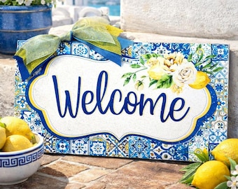 romanmade マザー　ブルーシャッドアルミ貼り Mediterranean Tile Lemon Welcome Sign. - Etsy
