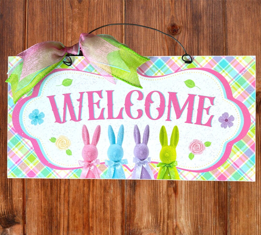 Flocked Bunny Welcome Sign 6x12 In. Wood or Metal Option. - Etsy