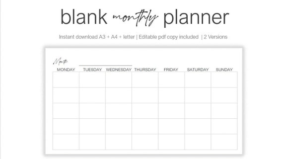 printable blank monthly calendar landscape calendar template etsy