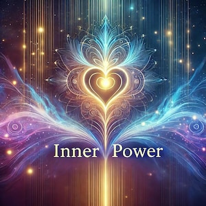 Può includere: Un'immagine di arte digitale con un cuore incandescente al centro, circondato da motivi intricati e uno sfondo blu e viola. Il testo "Inner Power" è scritto sotto il cuore.