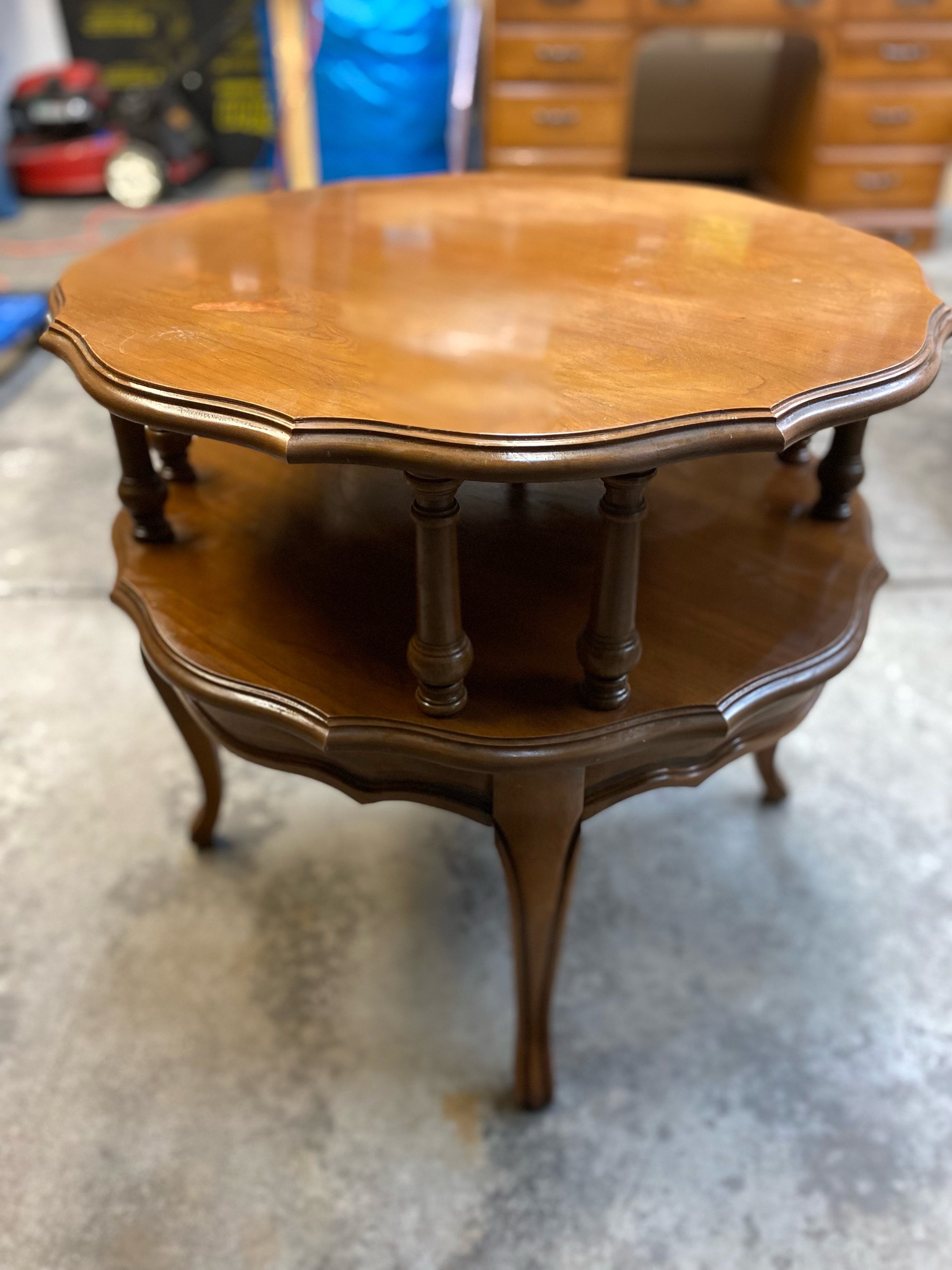 Pick Your Color. Mersman Piecrust Edge Walnut Side Table, 2 Tiers