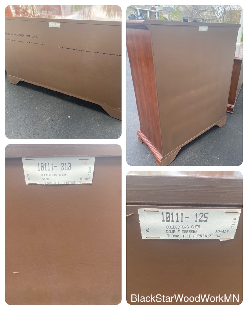 Puede incluir: Una c&oacute;moda de madera marr&oacute;n con una etiqueta que dice "10111-125 Collectors Cher Double Dresser 02-039 Thomasville Furniture Ind".
