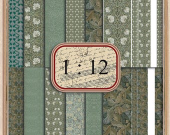 William Morris Dollhouse Wallpaper - 1:12 Scale, Green & Gray Prints (Digital Download)