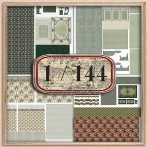 May include: A framed collection of miniature wallpaper and architectural elements in shades of green, beige, and brown. The central piece features the text "1/144" within a decorative oval. Various patterns and textures are displayed.